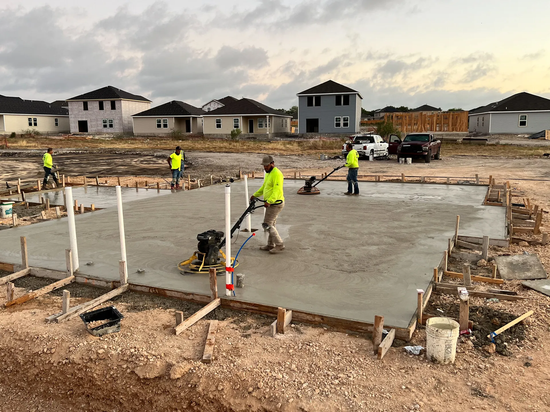 Finished residential foundation slab at dusk
