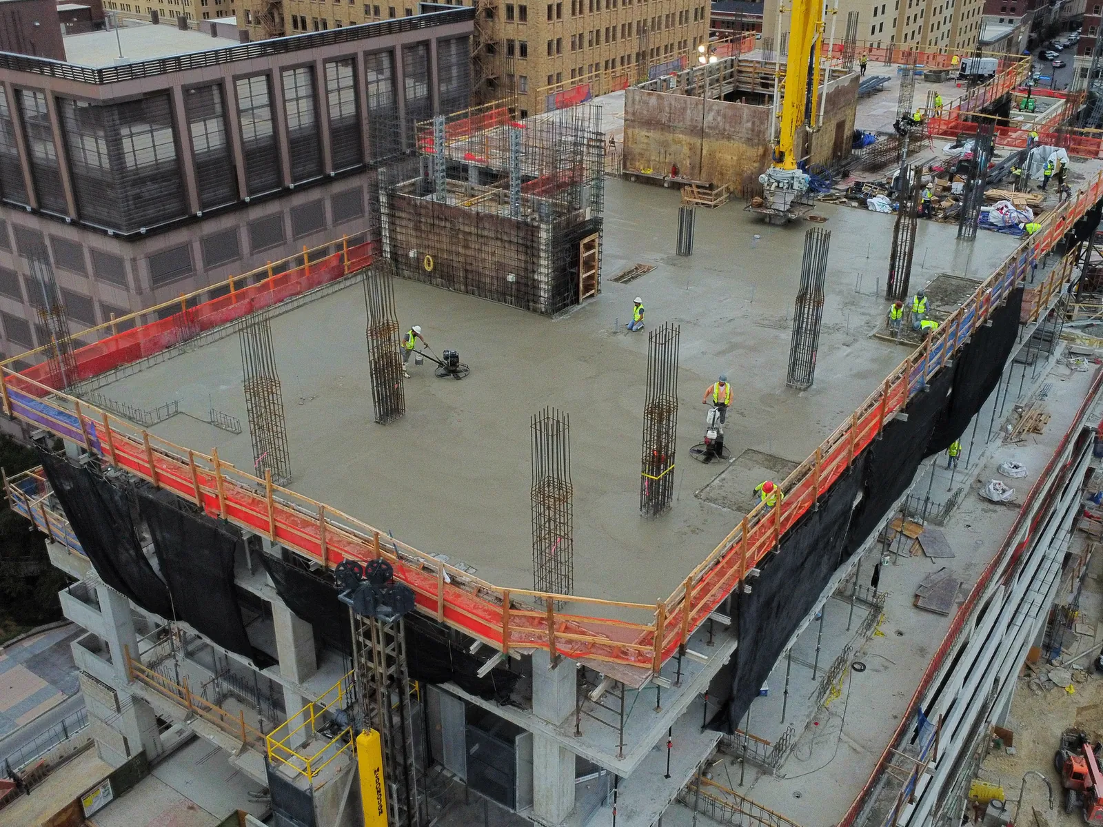 Aerial view of a multi-story structural concrete pour in San Antonio